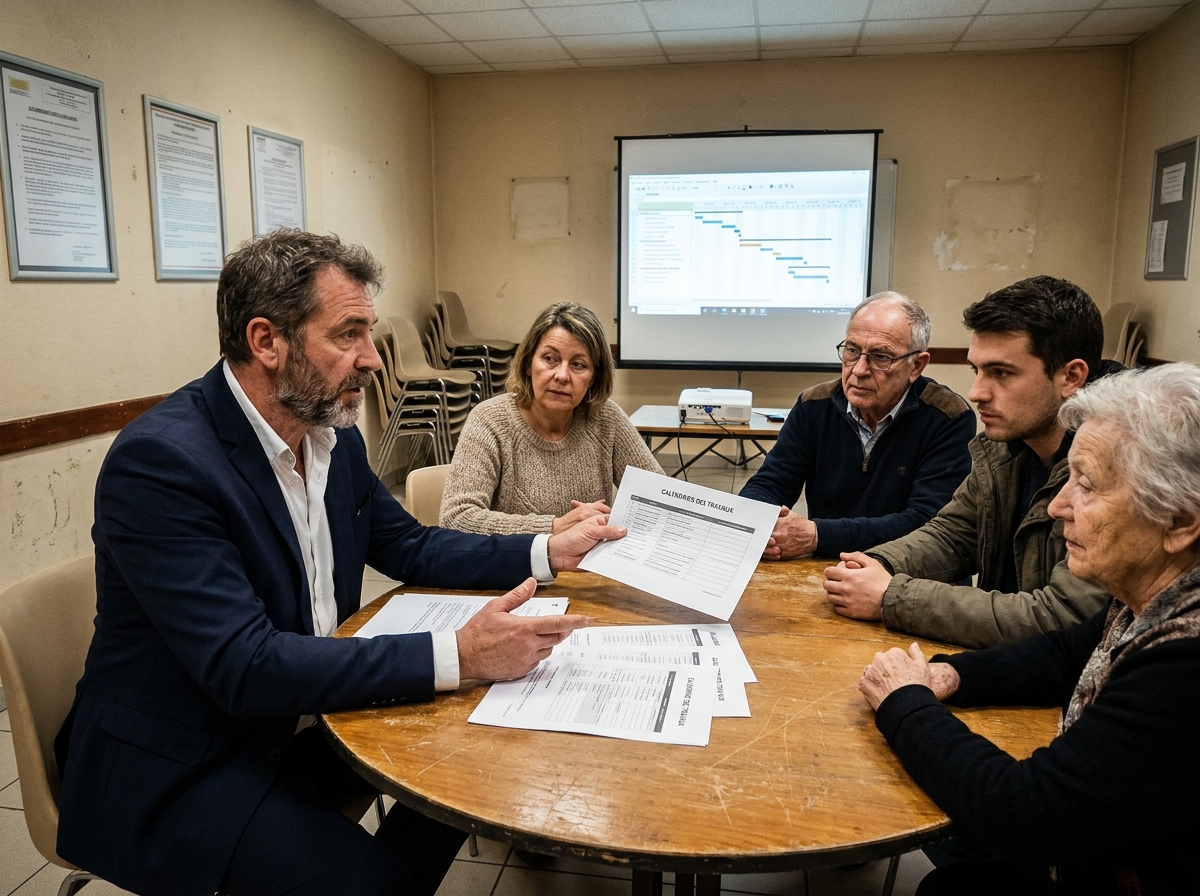 Syndic de copropriété présentant le calendrier des travaux lors d'une assemblée générale de copropriétaires