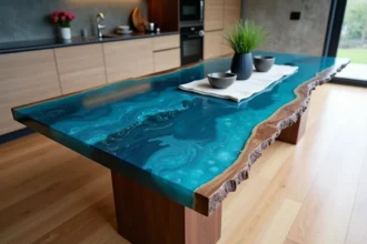 Table en résine époxy bleue avec base en noyer massif dans une cuisine contemporaine ouverte