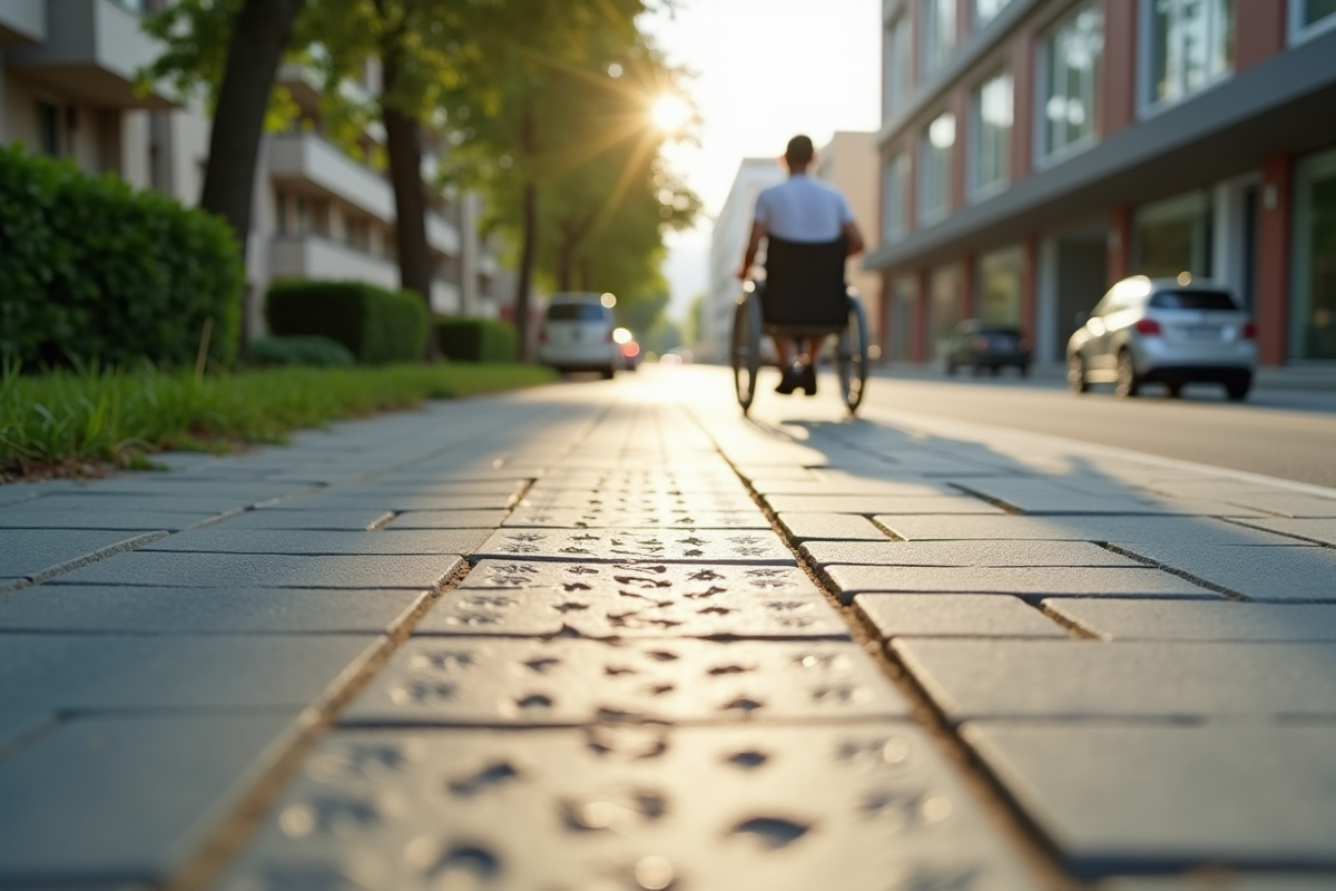 Personne en fauteuil roulant sur un trottoir avec pavage tactile