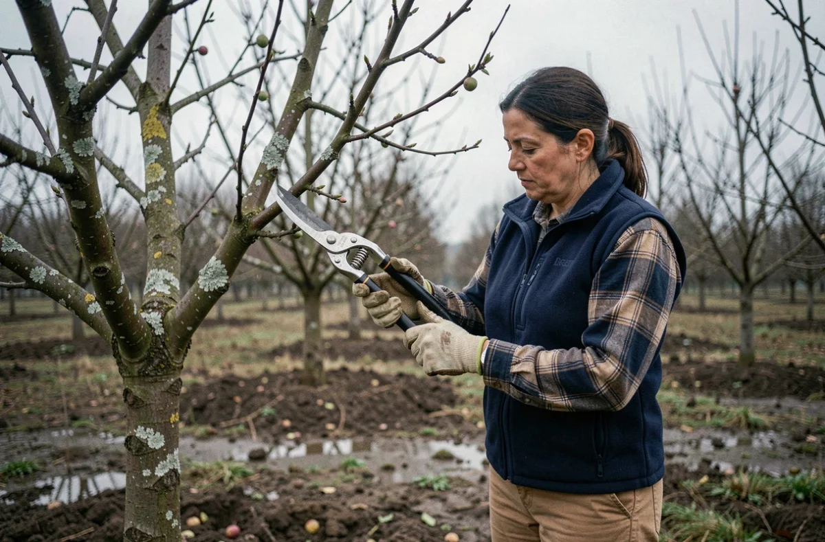 Femme utilisant un sécateur à long manche pour tailler un arbre fruitier dans un verger en hiver