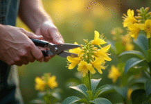 Mains de jardinier taillant un chèvrefeuille avec des ciseaux
