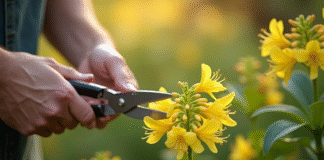 Mains de jardinier taillant un chèvrefeuille avec des ciseaux