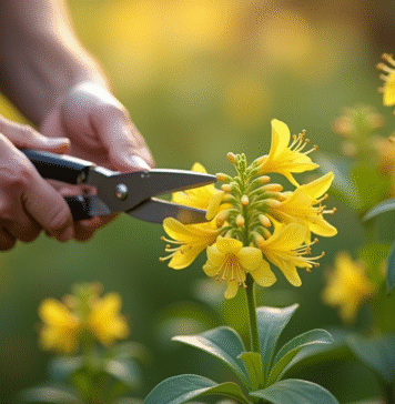 Mains de jardinier taillant un chèvrefeuille avec des ciseaux
