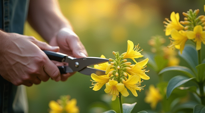 Mains de jardinier taillant un chèvrefeuille avec des ciseaux
