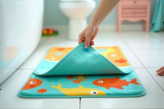 Tapis de bain antidérapant coloré avec motifs poissons posé sur carrelage blanc dans une salle de bains familiale