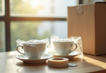 Tasses en porcelaine délicate emballées dans du bulle