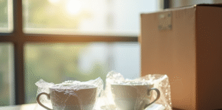 Tasses en porcelaine délicate emballées dans du bulle