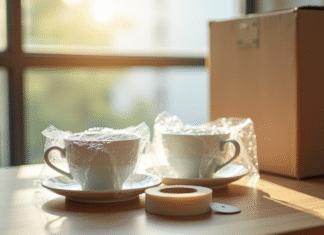 Poster quelque chose de fragile : astuces pour éviter la casse Tasses en porcelaine délicate emballées dans du bulle