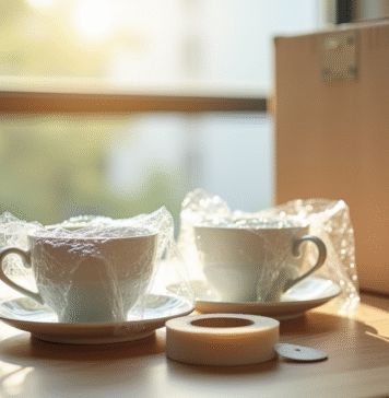 Tasses en porcelaine délicate emballées dans du bulle