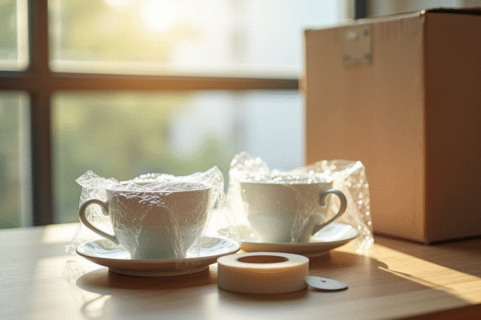 Tasses en porcelaine délicate emballées dans du bulle