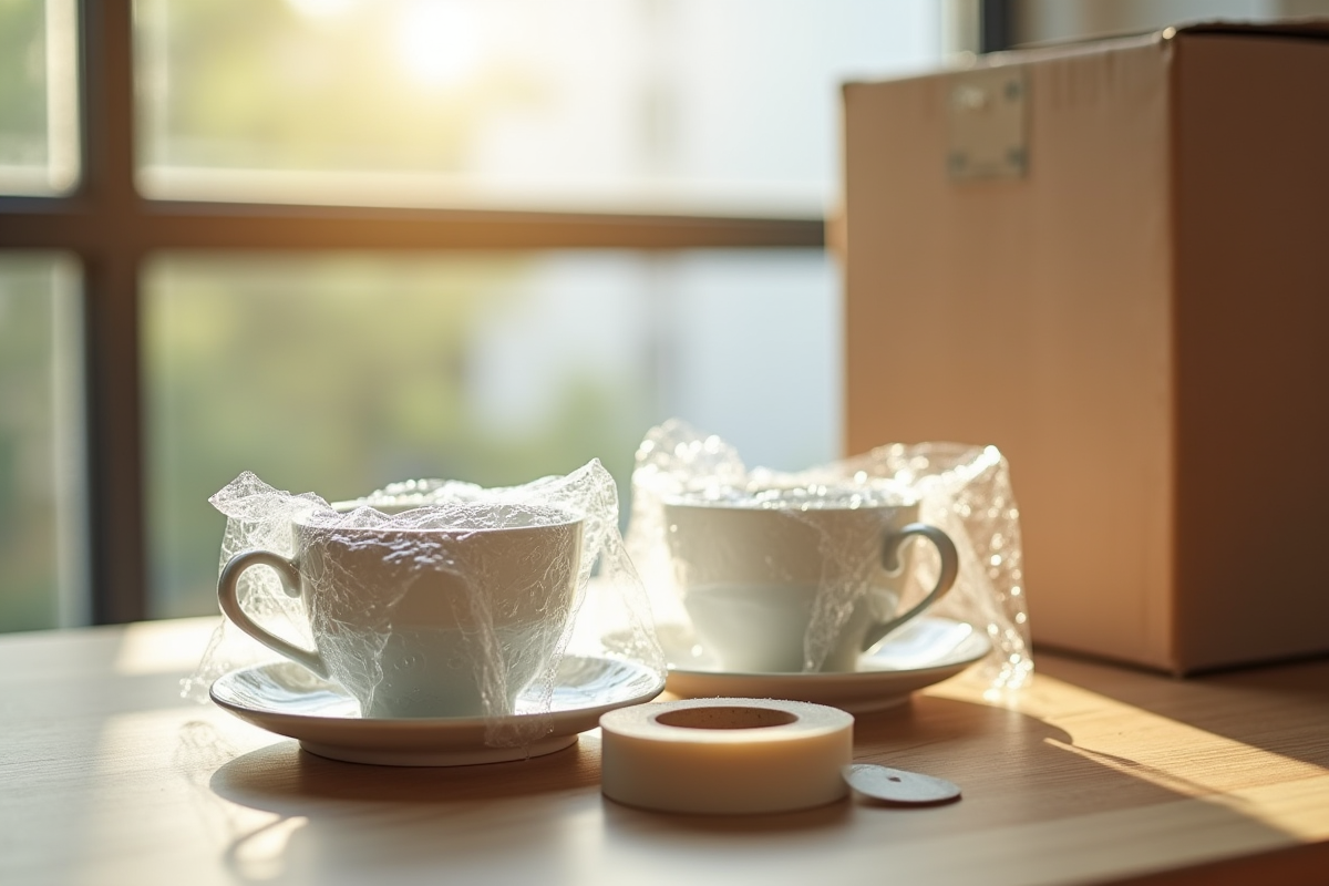 Tasses en porcelaine délicate emballées dans du bulle