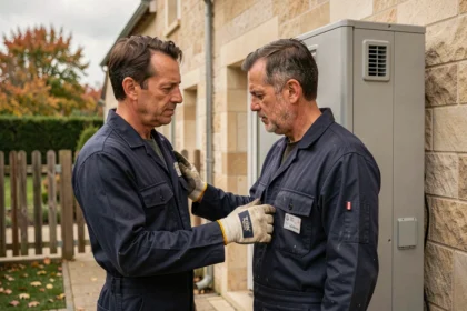 Technicien HVAC inspectant une pompe à chaleur air-eau installée sur la façade extérieure d'une maison individuelle