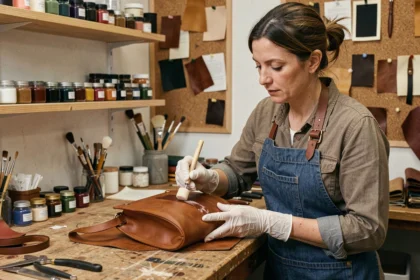 Artisane appliquant de la teinture pour cuir sur un sac à main marron dans un atelier de maroquinerie