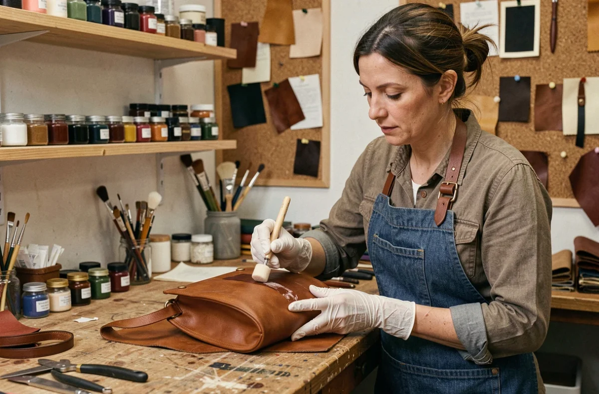 Artisane appliquant de la teinture pour cuir sur un sac à main marron dans un atelier de maroquinerie