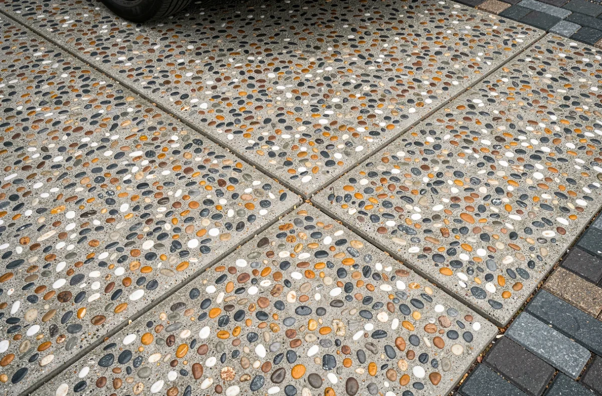 Gros plan sur la texture d'un béton désactivé avec granulats apparents pour une entrée de garage, vue de dessus