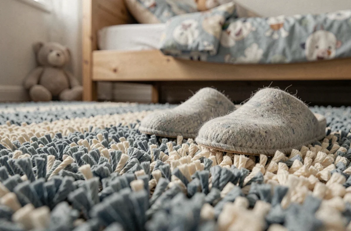 Gros plan sur la texture épaisse et isolante d'une moquette thermique pour chambre d'enfant en bleu doux et crème