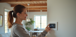 RT 2020 : comment maximiser l’efficience énergétique de votre logement ? Femme ajustant un thermostat moderne dans un salon lumineux