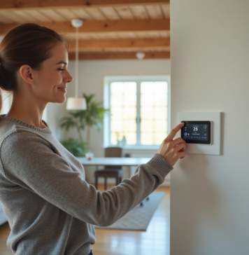 RT 2020 : comment maximiser l’efficience énergétique de votre logement ? Femme ajustant un thermostat moderne dans un salon lumineux