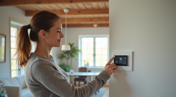 Femme ajustant un thermostat moderne dans un salon lumineux