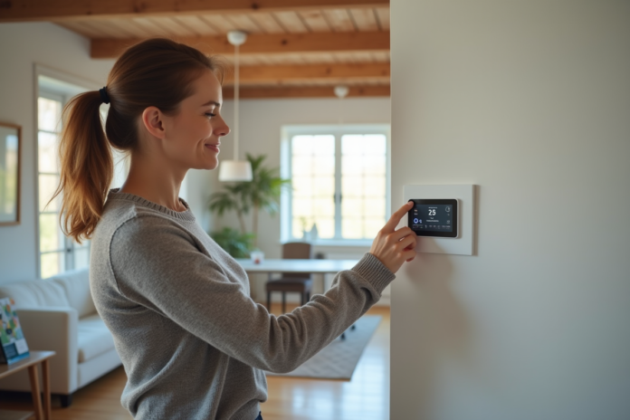 thermostat-maison-confort Femme ajustant un thermostat moderne dans un salon lumineux