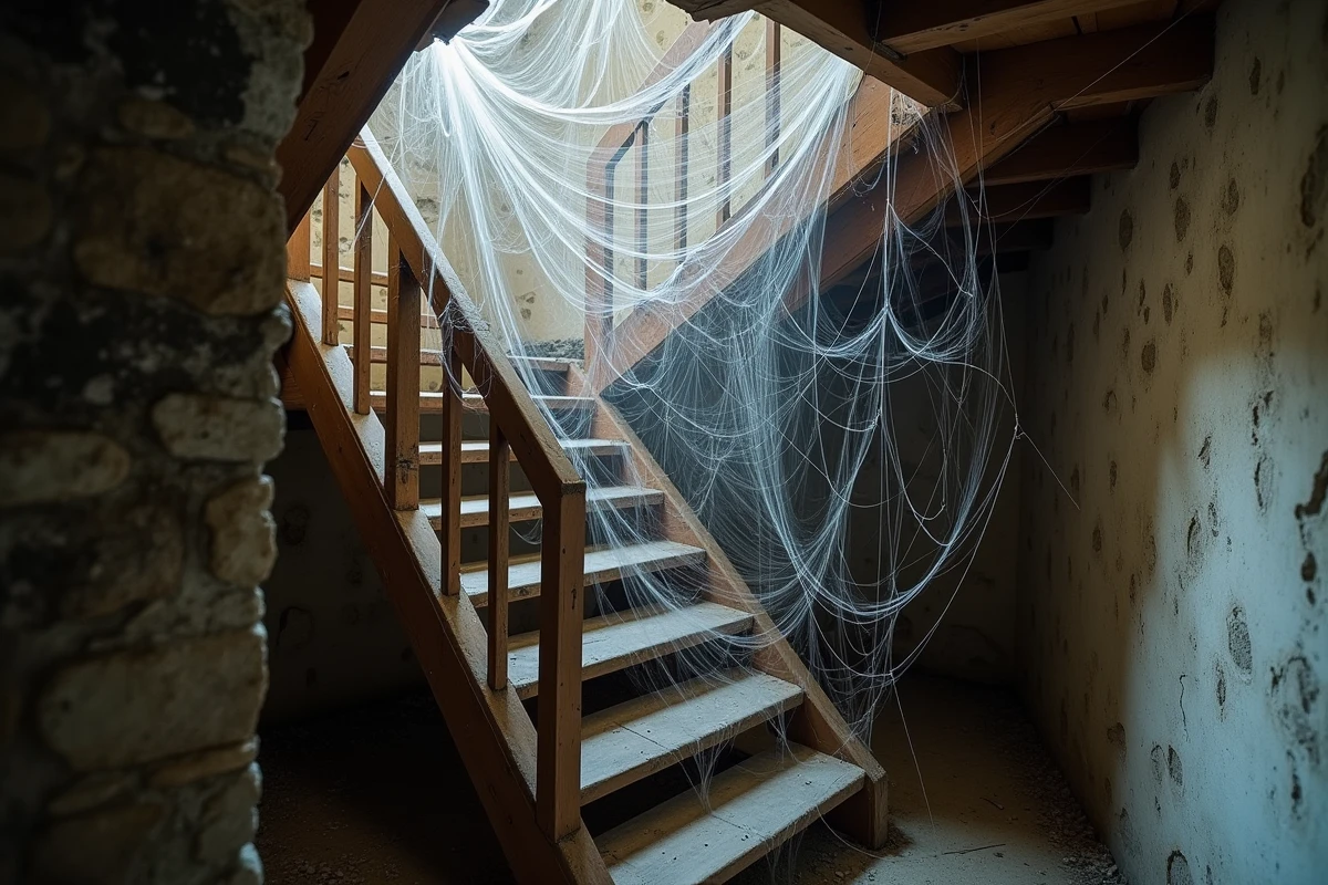 Toiles d'araignées multiples dans un sous-sol de maison française, indiquant une infestation importante d'araignées