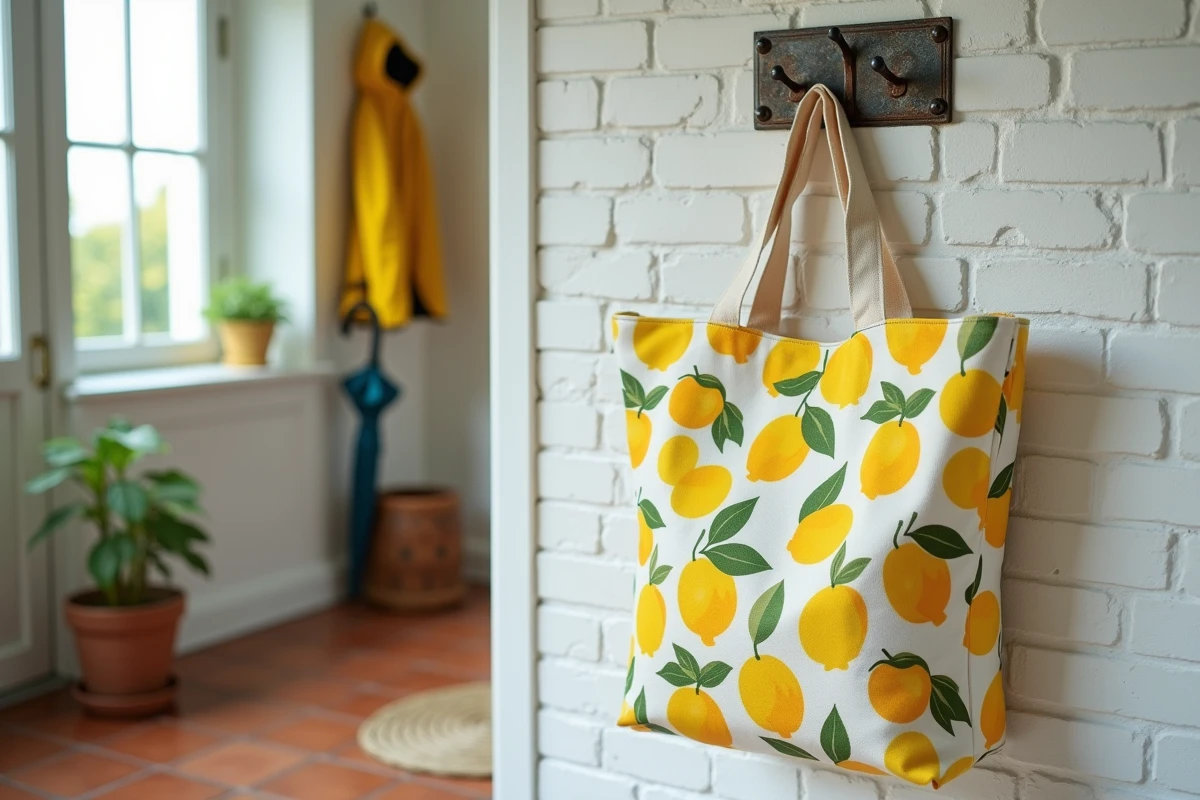 Tote bag artisanal cousu en tissu coton enduit imperméable à motif citrons accroché dans un couloir d'entrée