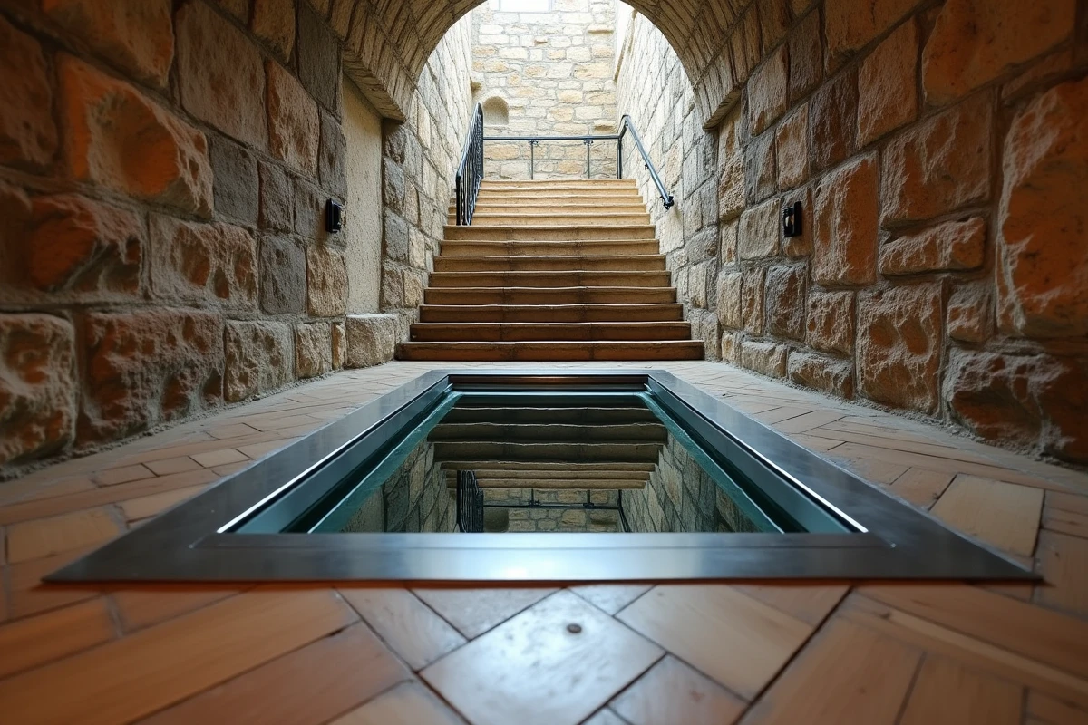 Trappe cave en verre à cadre inox intégrée dans un parquet en chêne avec escalier de cave en pierre apparente