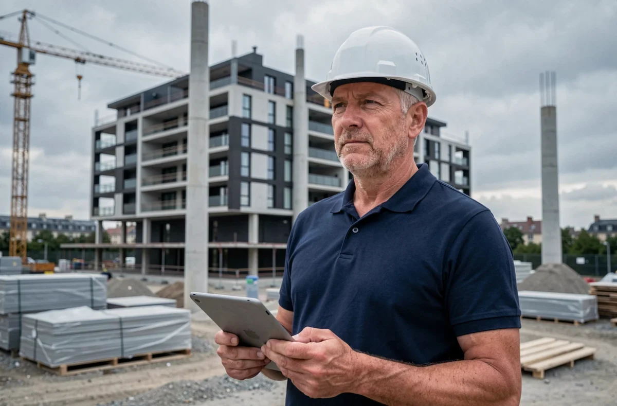 Chef de chantier supervisant des travaux de construction en Île-de-France avec une structure en béton en arrière-plan