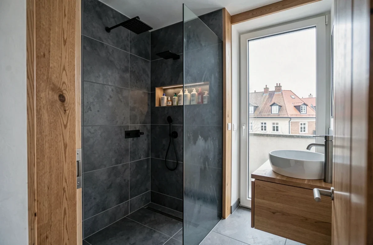 Salle de bain rénovée à Strasbourg avec douche à l'italienne en carrelage anthracite et meuble vasque flottant