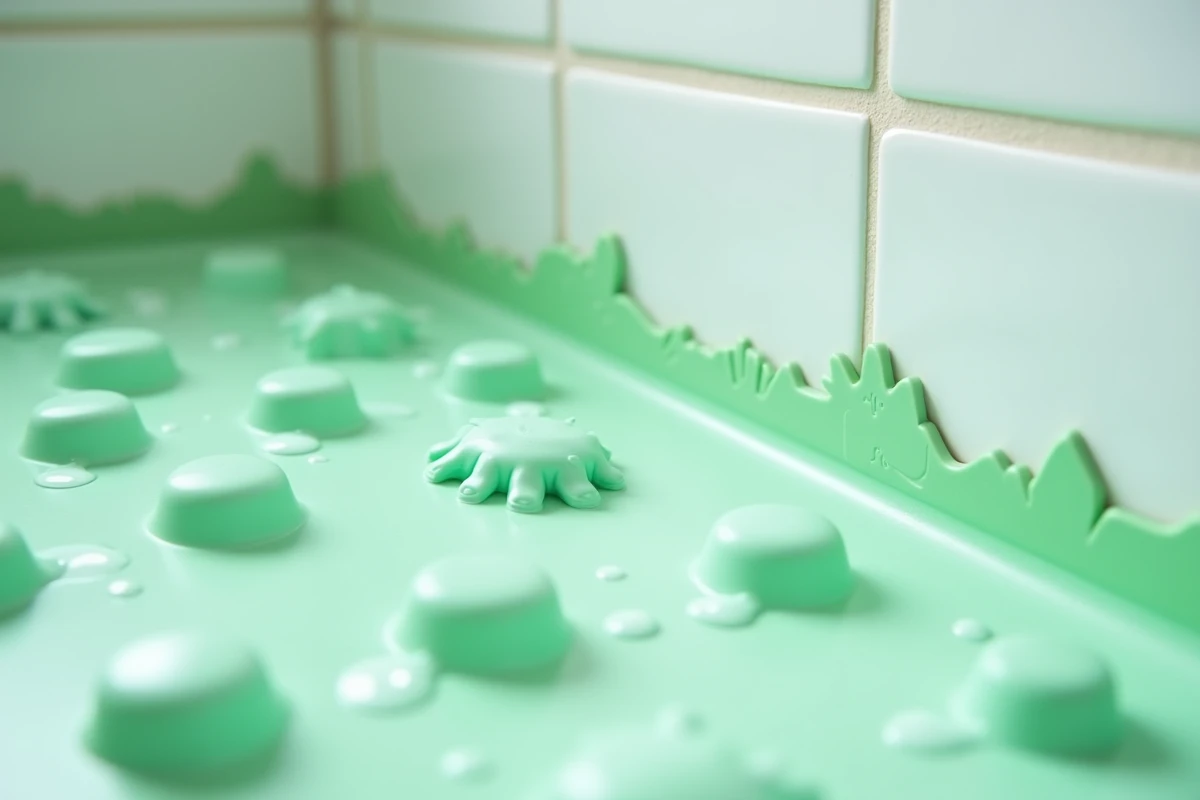 Gros plan sur les ventouses antidérapantes sous un tapis de bain enfant vert avec motifs dinosaures