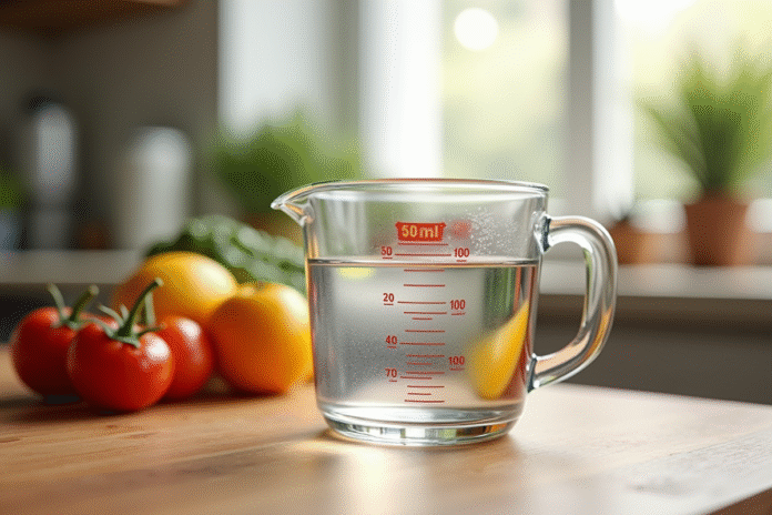 verre-eau-500ml-ingredients-cuisine Verre doseur rempli à 500 ml d'eau avec ingrédients frais sur planche