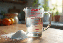 Verre mesureur avec eau et sucre en grains sur planche en bois