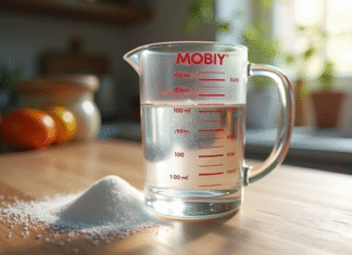 Verre mesureur avec eau et sucre en grains sur planche en bois