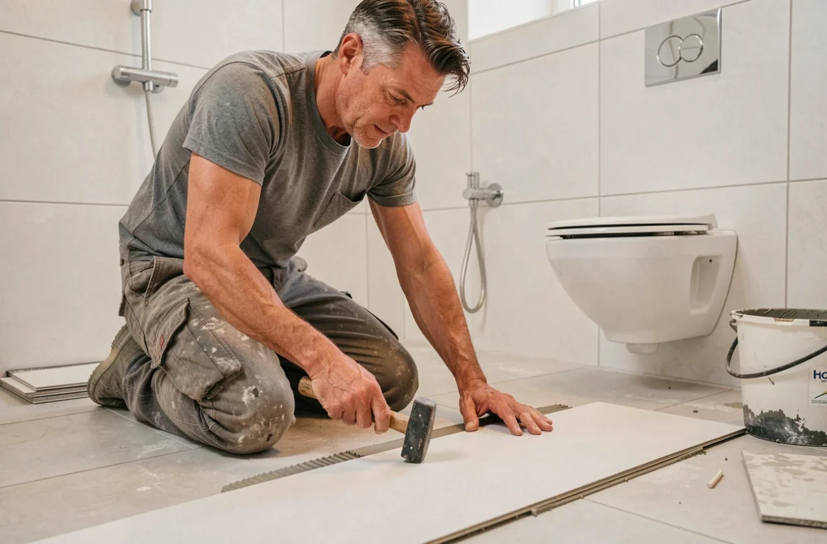 Carreleur posant un carrelage grand format et des sanitaires dans une salle de bain du Bas-Rhin